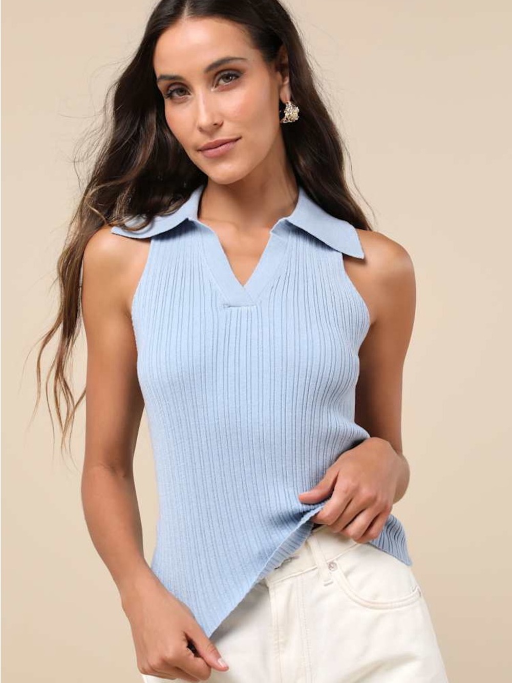 Lulus Sincerely Trendy Blue Ribbed Collared Sleeveless Sweater Top